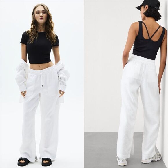 Athleta Retreat Linen Wide Leg Pants Size 16 Calla Lily White Coastal Beach - Picture 1 of 7